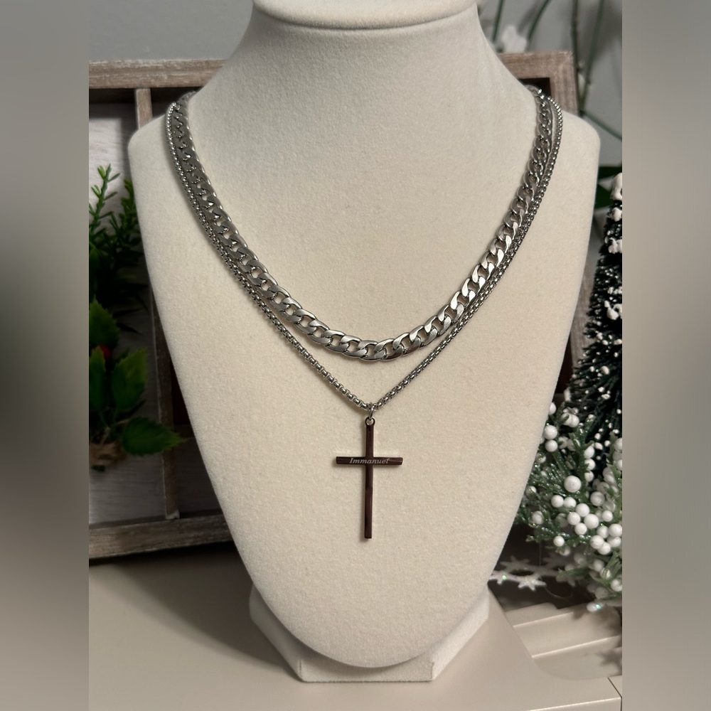 Stainless Steel Cross Necklace Men Women Unisex Religious Christian Layered New